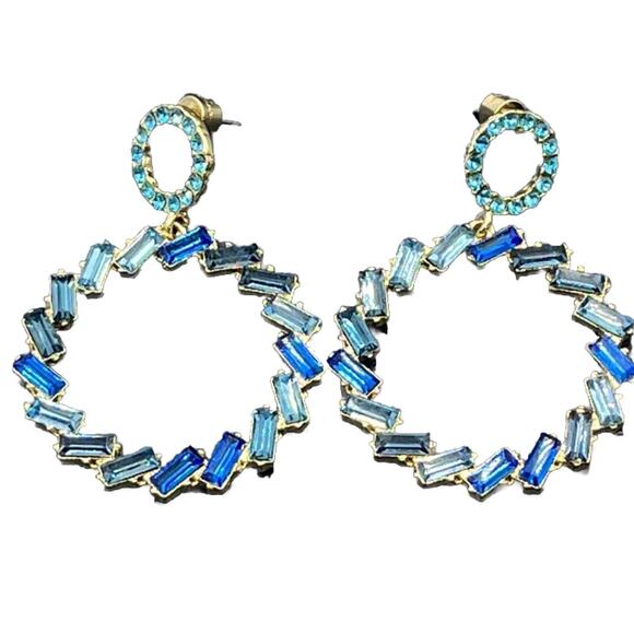 Lulus Blue Without You Blue Hues Rhinestone Statement Earrings Signed Disc Back - Picture 2 of 14